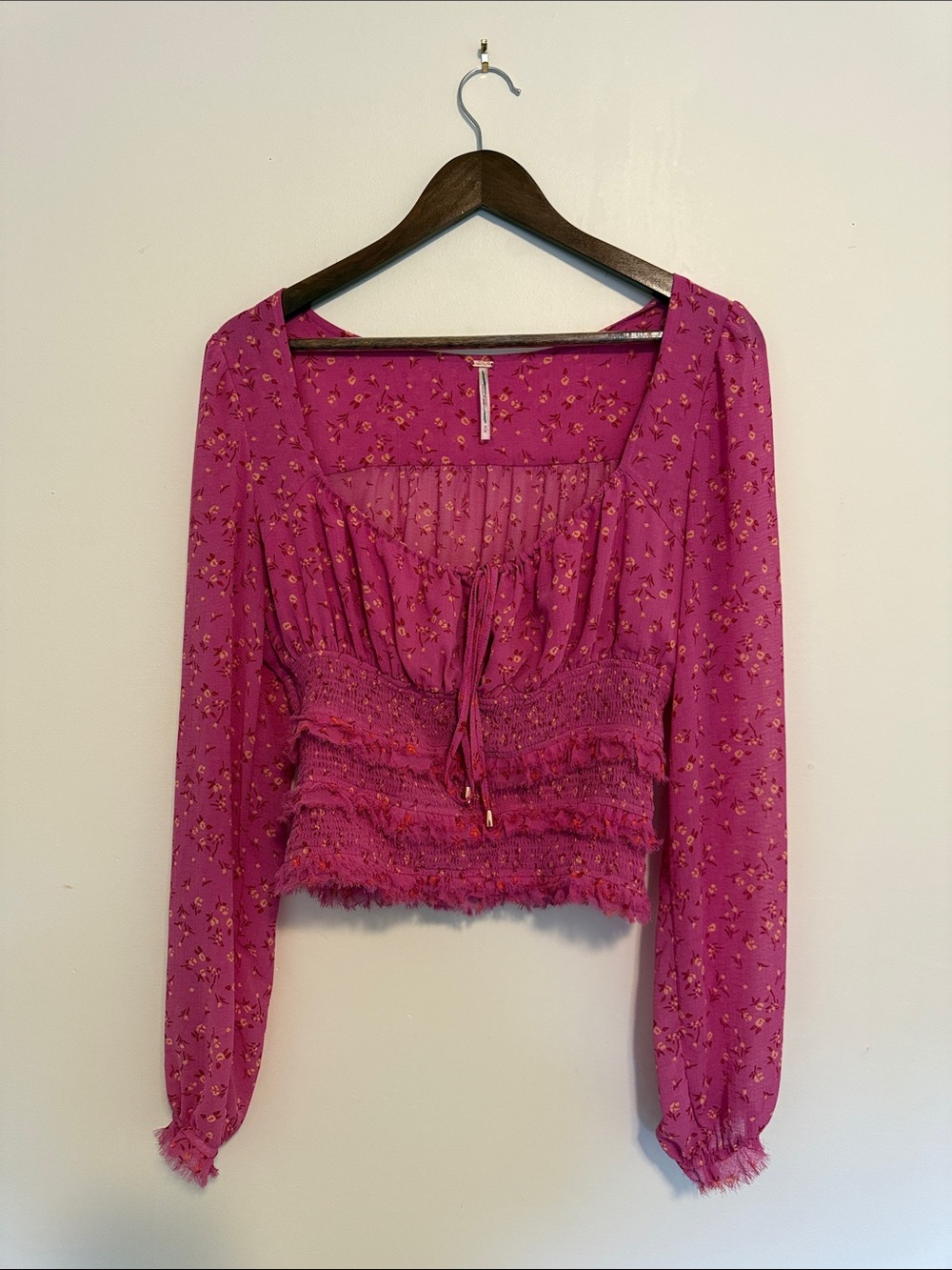 Free People Lolita Whimsy Barbie Floral Smocked Square-Neck Long Sleeve Top
